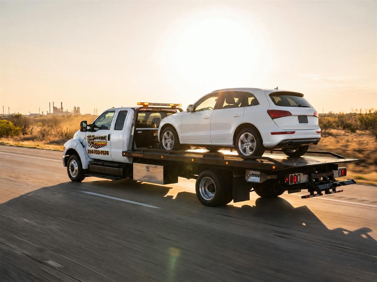 Vamos Towing flatbed hauling a white luxury SUV down the highway at golden hour