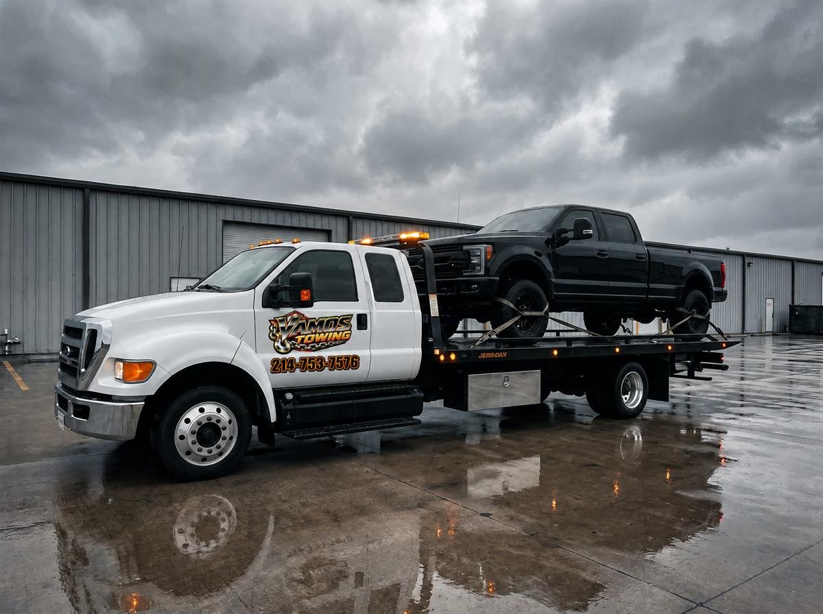 Vamos Towing flatbed carrying a lifted black pickup in an industrial yard