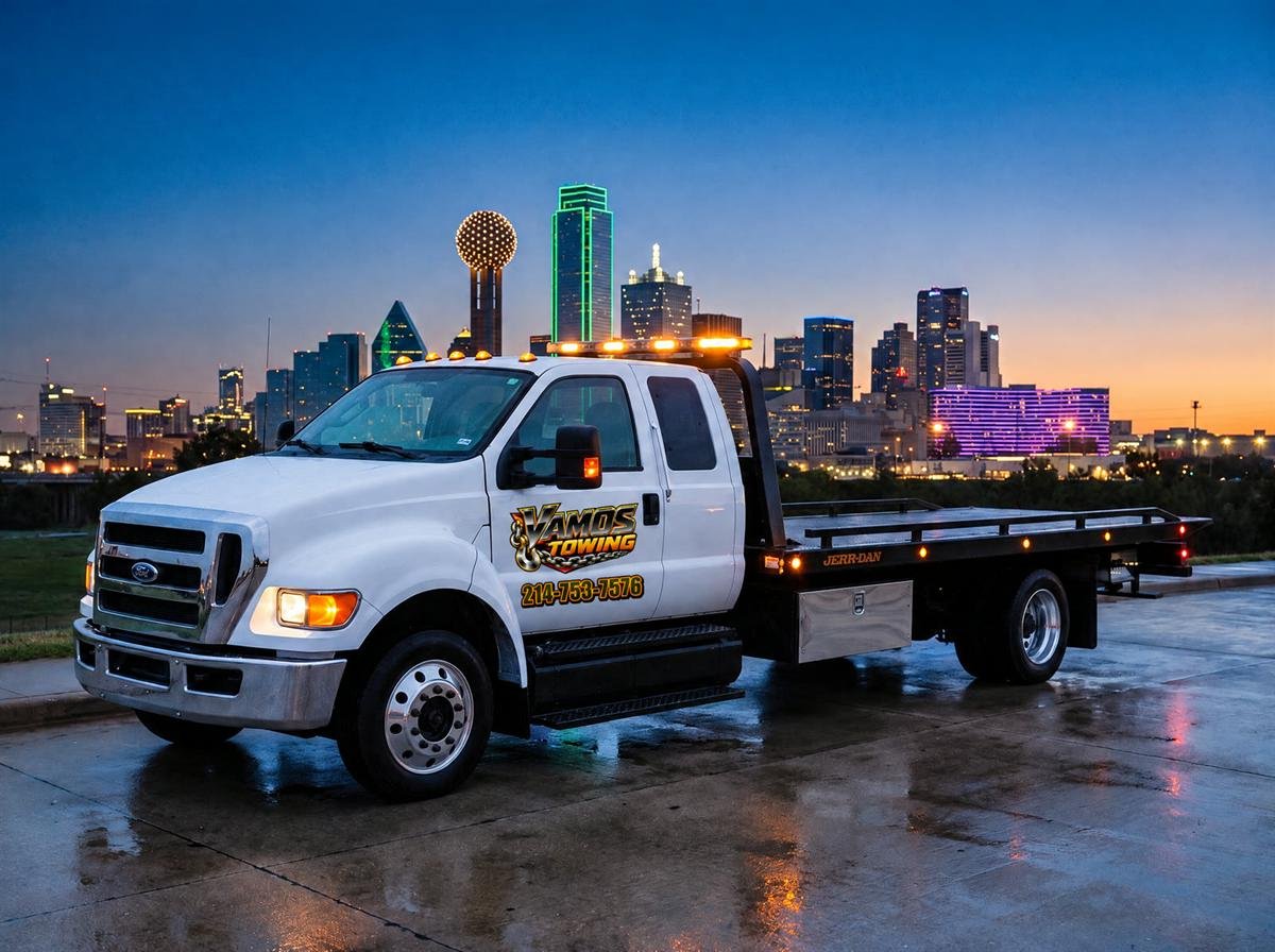 Vamos Towing flatbed in front of the Dallas skyline at blue hour
